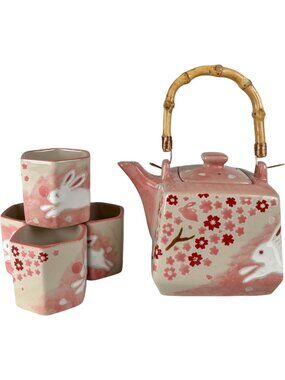 Hand-Painted Cherry Blossom Tea Set, 20oz Teapot & 4 Hexagon Cups, Japanese